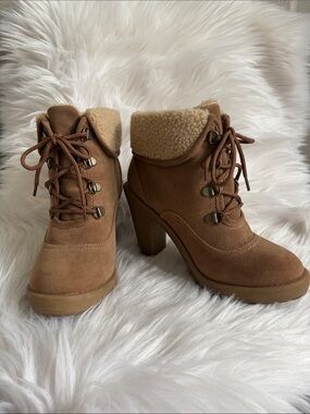 Jellypop Camel Suede Lace-Up Sherpa Heel Booties